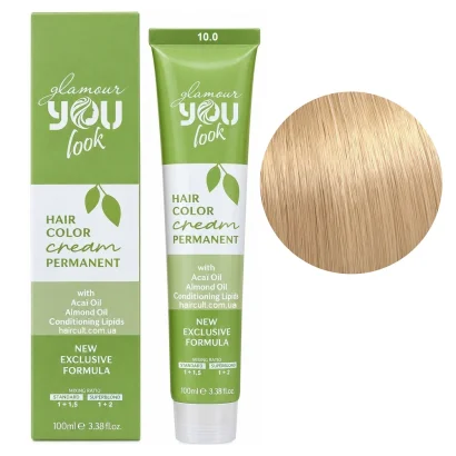 10/0 Стійка крем-фарба для волосся, 100 мл Hair Color Cream PERMANENT GLAMOUR You look Professional (платиновий блондин натуральний)