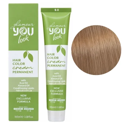 9/0 Стійка крем-фарба для волосся, 100 мл Hair Color Cream PERMANENT GLAMOUR You look Professional (дуже світлий блондин натуральний)