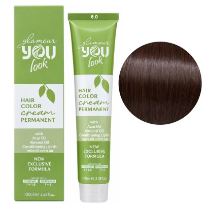 5/0 Стійка крем-фарба для волосся, 100 мл Hair Color Cream PERMANENT GLAMOUR You look Professional (світлий каштановий натуральний)