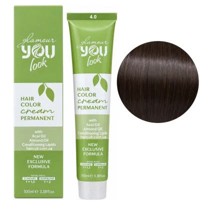 4/0 Стійка крем-фарба для волосся, 100 мл Hair Color Cream PERMANENT GLAMOUR You look Professional (каштановий натуральний)