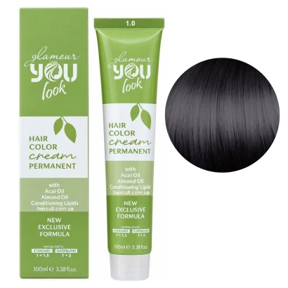 1/0 Стійка крем-фарба для волосся, 100 мл Hair Color Cream PERMANENT GLAMOUR You look Professional (чорний натуральний)