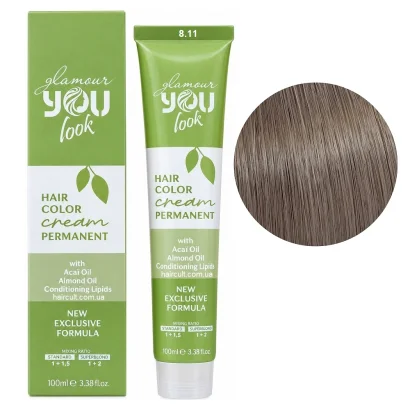 8/11 Стійка крем-фарба для волосся, 100 мл Hair Color Cream PERMANENT GLAMOUR You look Professional (світлий блондин інтенсивний попелястий)