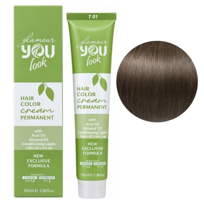 7/01 Стійка крем-фарба для волосся, 100 мл Hair Color Cream PERMANENT GLAMOUR You look Professional (блондин натурально-попелястий)