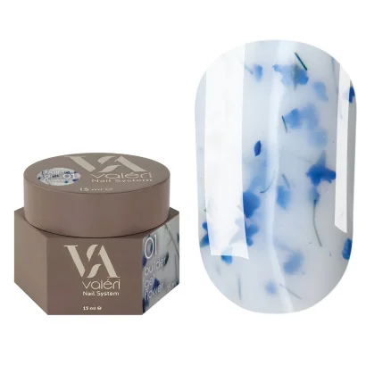 Гель для нарощування VALERI Builder Gel Flower №01 Молочний із синіми сухоцвітами, 15 мл