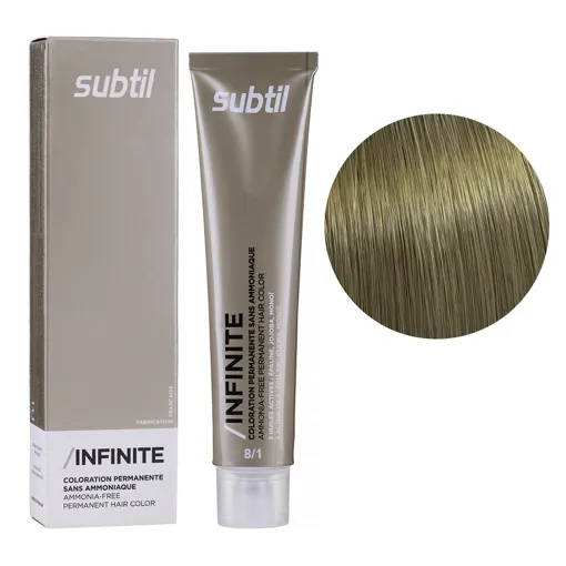 8/1 світлий блондин попелястий Безаміачна стійка крем-фарба для волосся, 60 мл Permanent Hair Color INFINITE SUBTIL