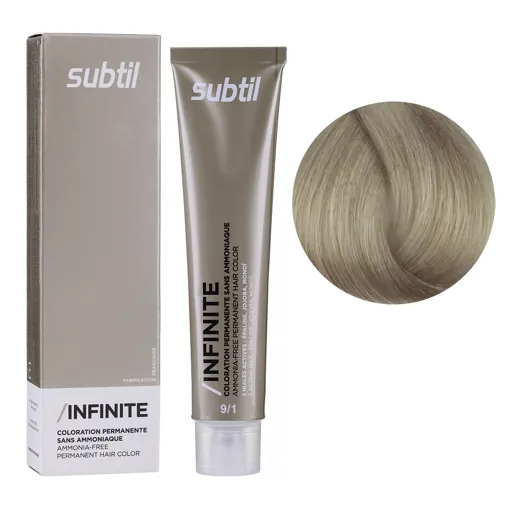 9/1 дуже світлий блондин попелястий Безаміачна стійка крем-фарба для волосся, 60 мл Permanent Hair Color INFINITE SUBTIL