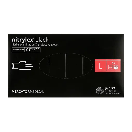 Рукавички нітрилові, нестерильні, неприпудрені, розмір L (100 шт), колір: ЧОРНИЙ Nitrylex Black Mercator Medical