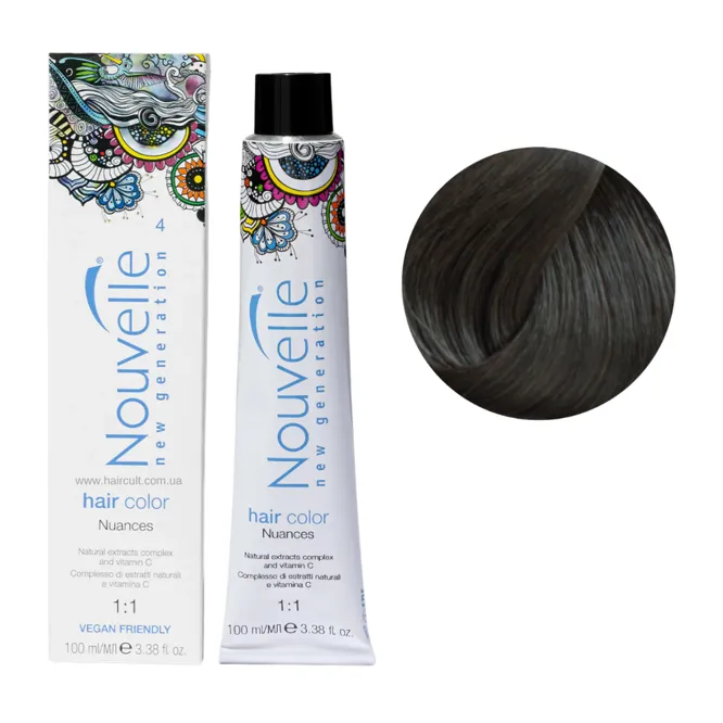 4 середньо-коричневий Фарба для волосся перманентна, 100мл Permanent Hair Color Nouvelle