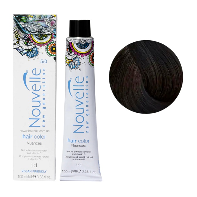 5/0 Насичений світло-коричневий Фарба для волосся перманентна, 100мл Permanent Hair Color Nouvelle