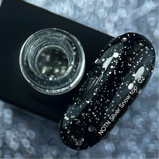 Топ зі срібними шестиграниками різних розмірів, без липкого шару, 10 мл №02 SILVER Snow Top NAILSOFTHENIGHT